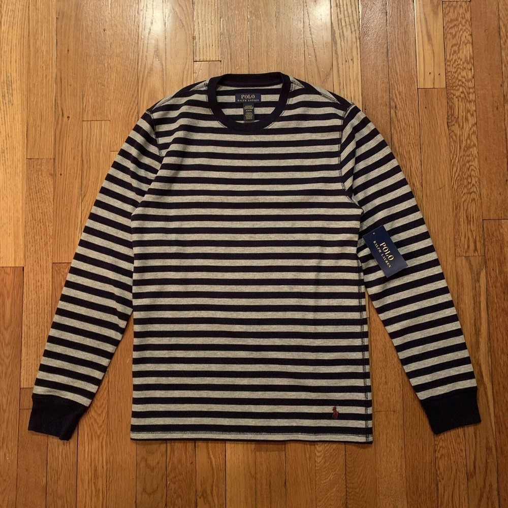 POLO RALPH LAUREN Navy STRIPED Waffle Knit Long Sleeve Lounge Tee MEDIUM NWT